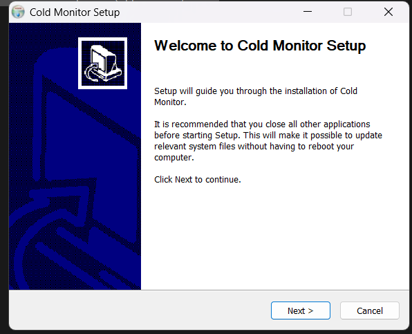 Cold Monitor Setup welcome screen